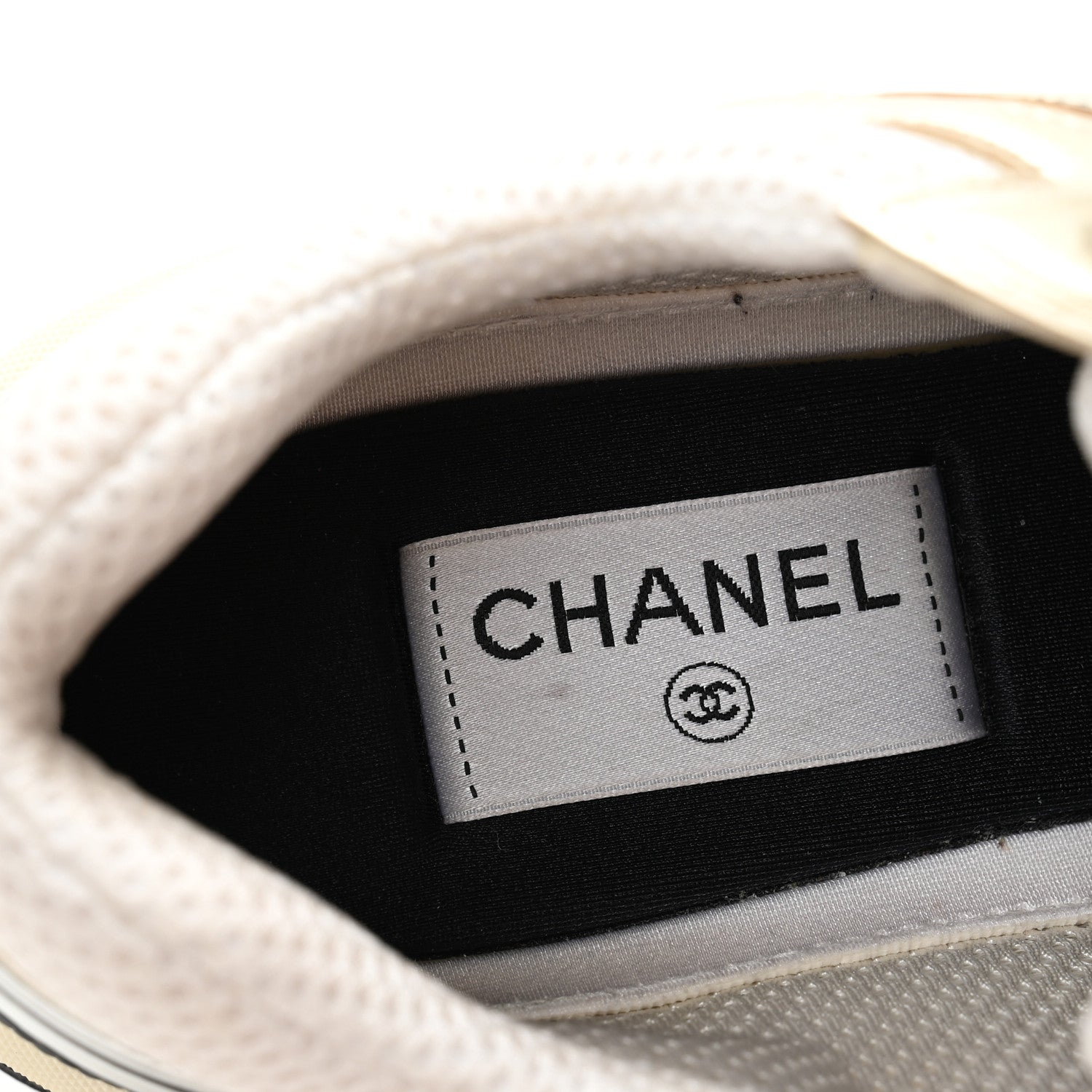 Chanel Fabric Laminated Calfskin Stretch CC Sneakers 38 White Gold