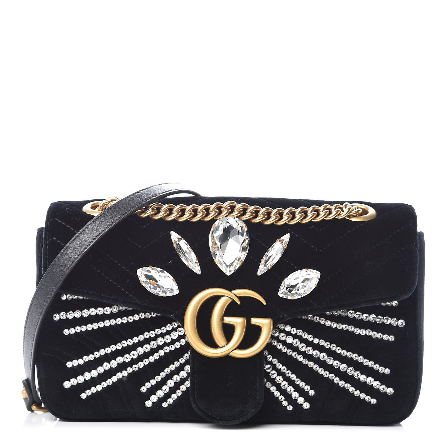 Velvet Matelasse Marquise Crystals Embroidered Small GG Marmont Shoulder Bag Black