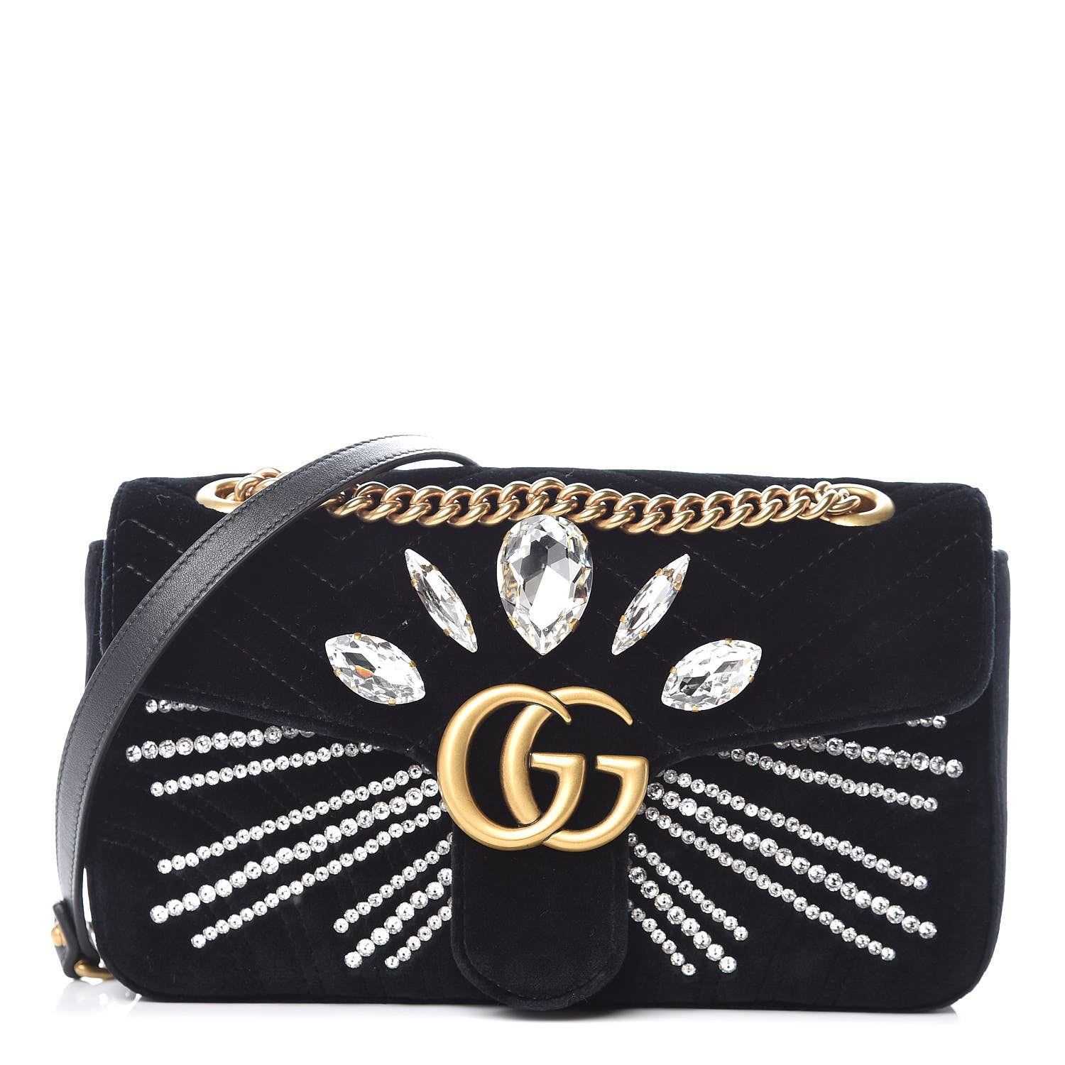 Gucci Velvet Matelasse Marquise Crystals Embroidered Small GG Marmont Shoulder Bag Black 1 of 9