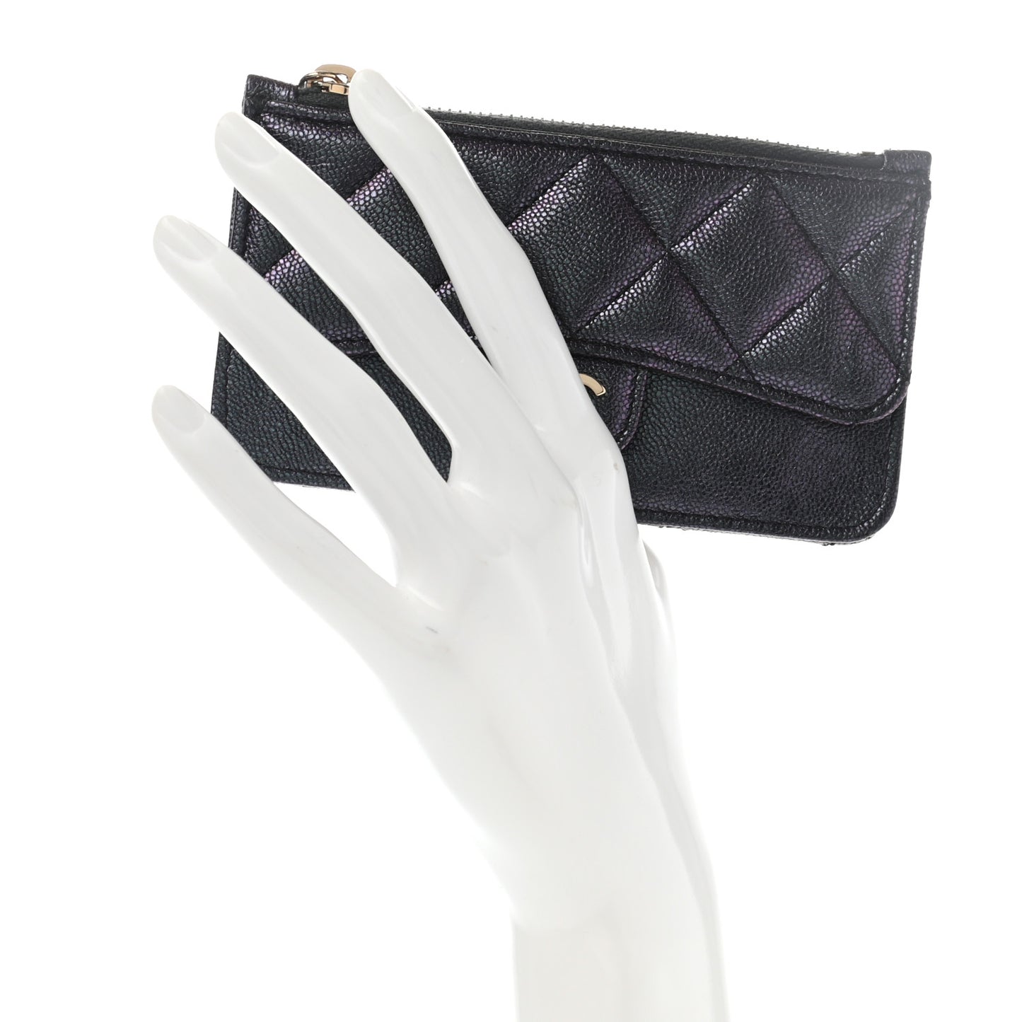Iridescent Caviar Quilted Flap Zip Card Holder Black