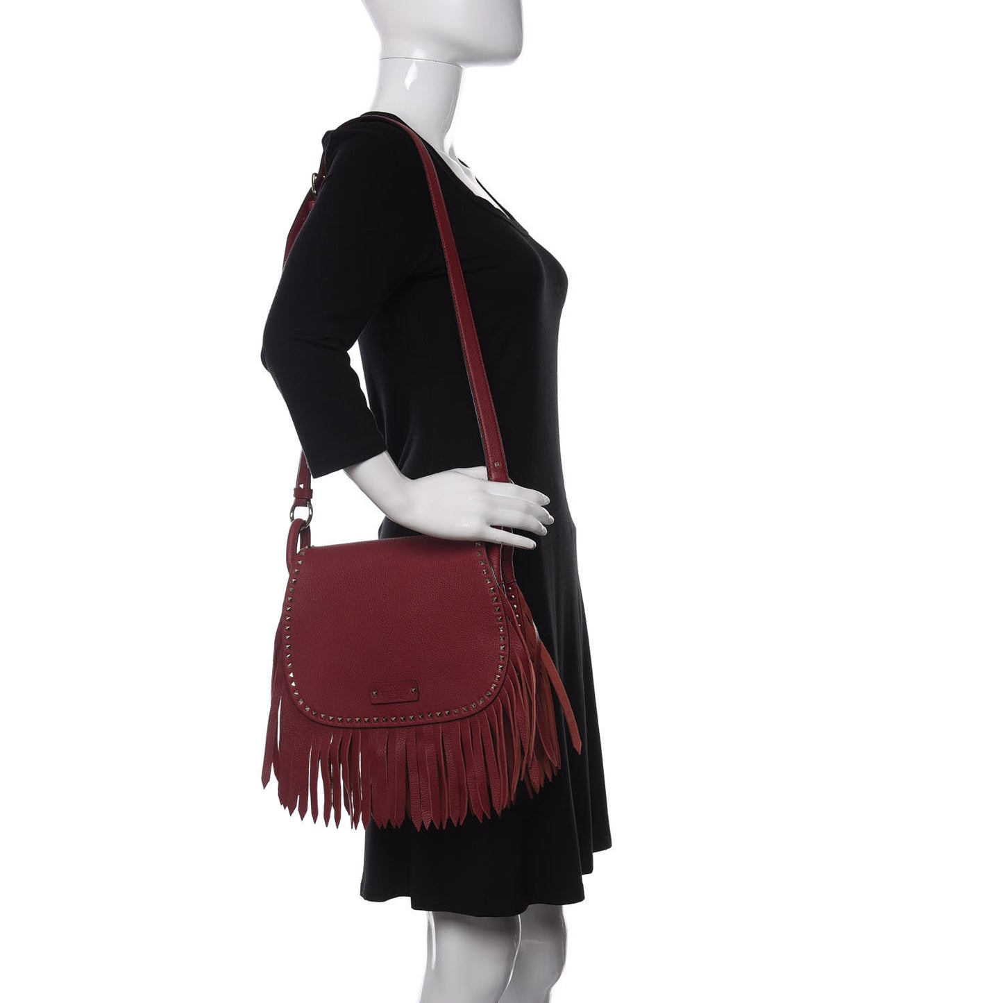 Pebbled Calfskin Rockstud Fringe Messenger Bag Rosso