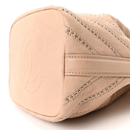Chanel Metallic Calfskin Studded Chevron Quilted Small Stud Wars Drawstring Bag Beige 10 of 10