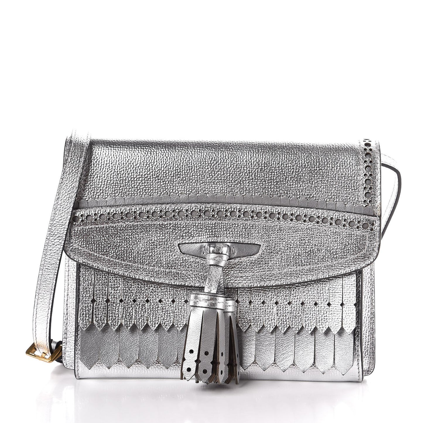 Metallic Grainy Calfskin Broguing Tassel Small Macken Crossbody Bag Silver