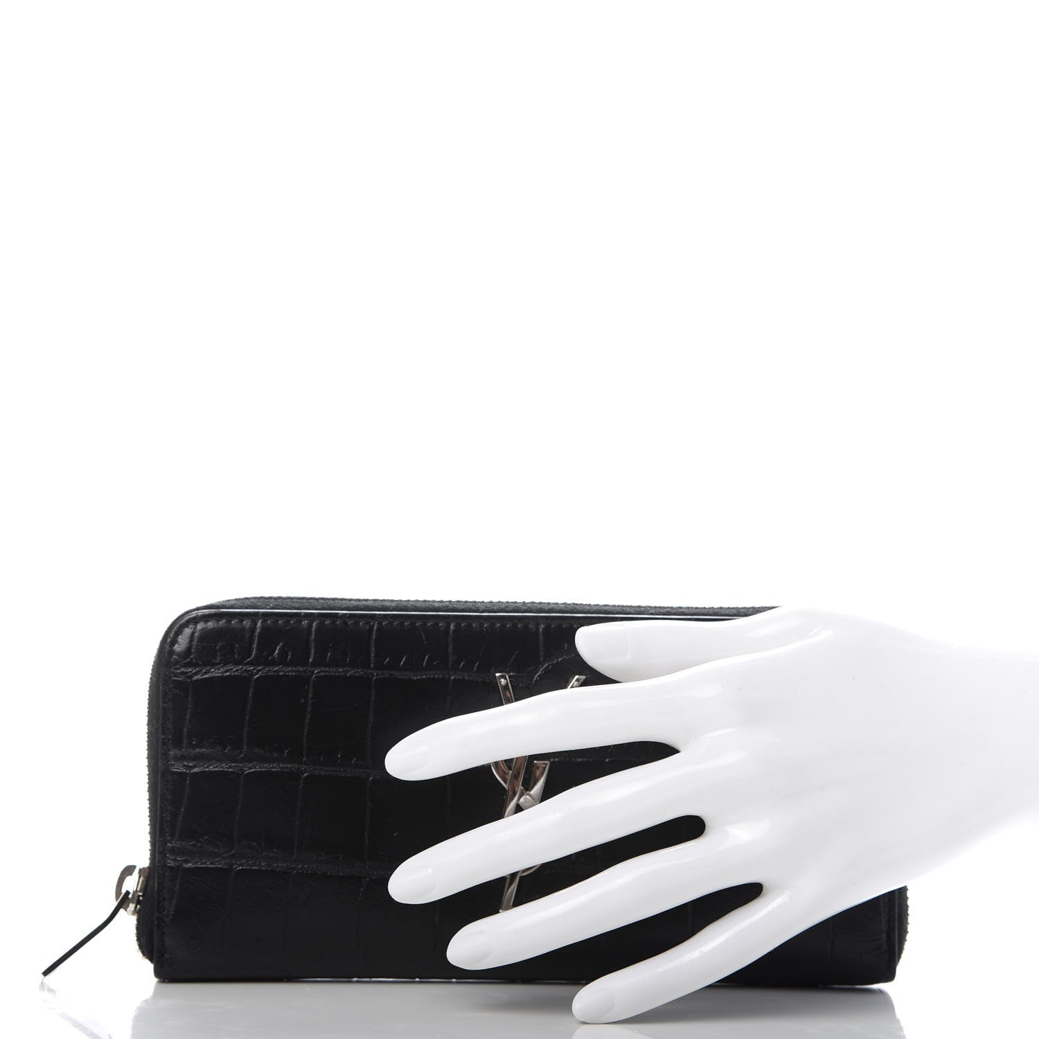 Saint Laurent Calfskin Crocodile Embossed Monogram Zip Around Wallet Black 2 of 9
