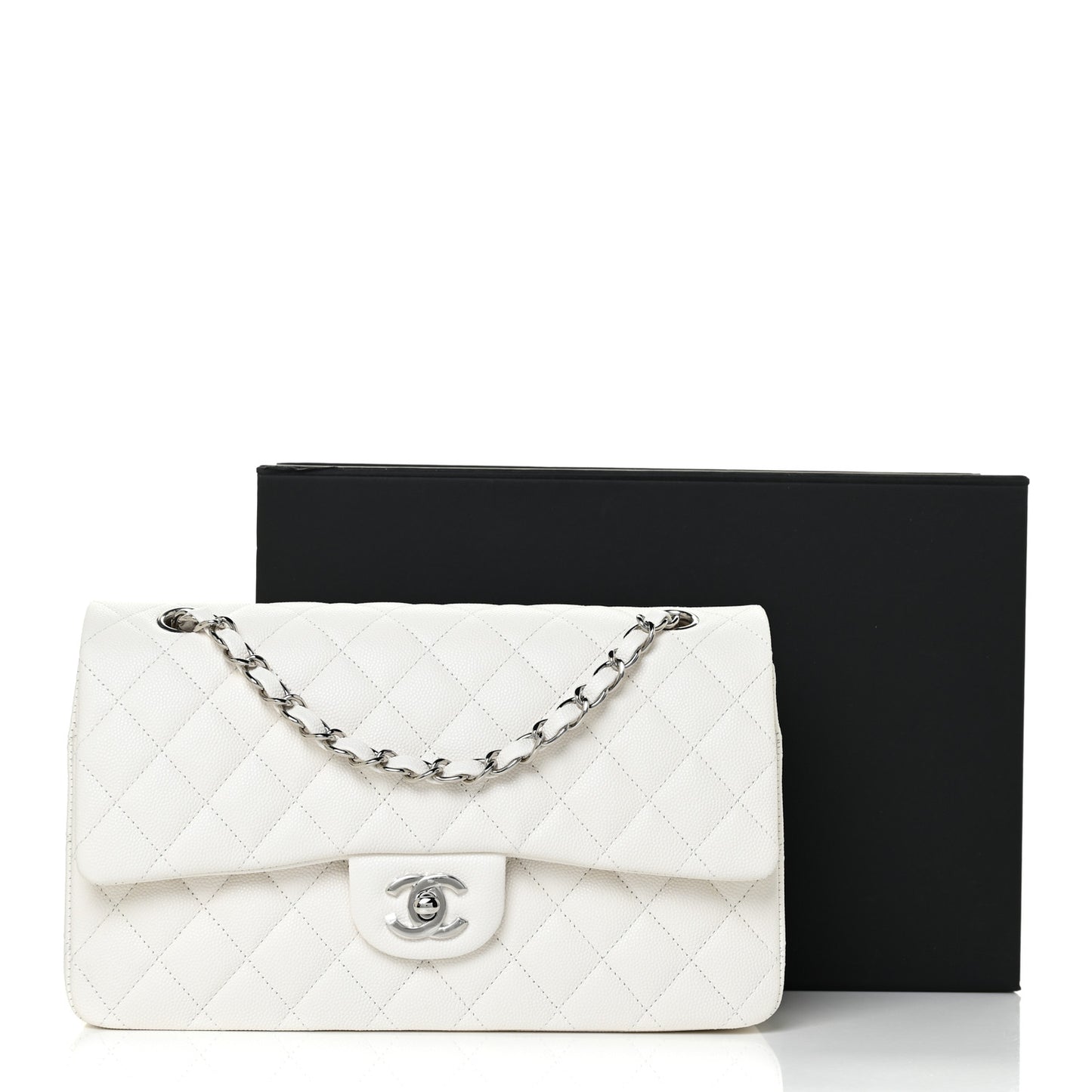 Caviar Quilted Medium Double Flap White