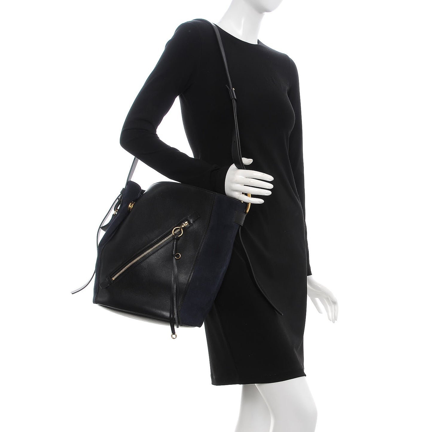 Smooth Suede Calfskin Medium Myer Double Carry Bag Black Navy