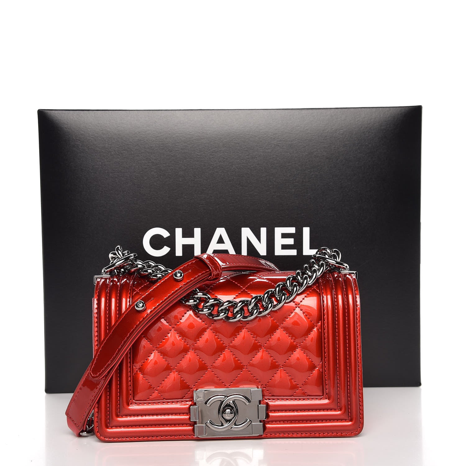 Chanel Metallic Patent Calfskin Quilted Small Boy Flap Red 8 of 8