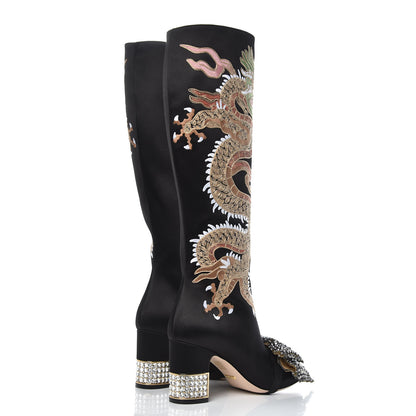 Gucci Silk Satin Malaga Kid Embroidered Candy Dragon Block-Heel Knee Boot 38 Black 4 of 8