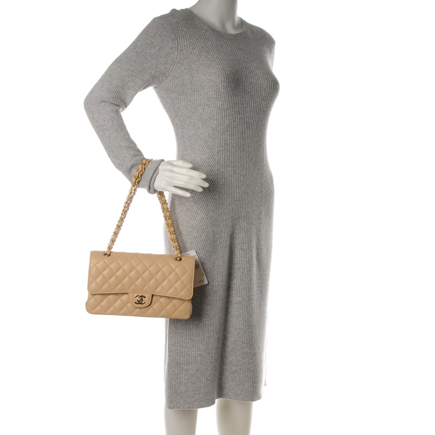 Caviar Quilted Medium Double Flap Beige Clair