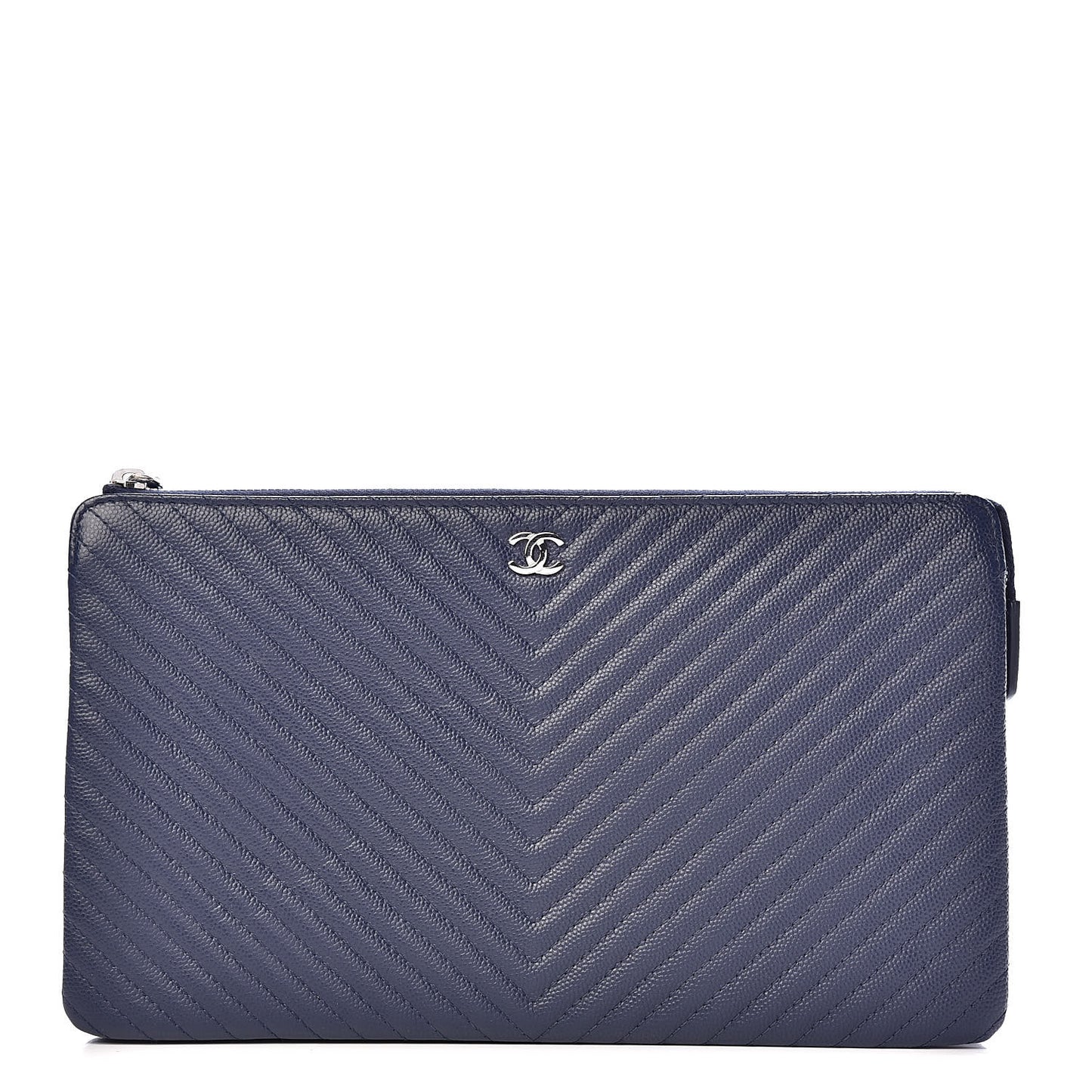 Caviar Chevron Quilted Large Zipped Clutch Navy