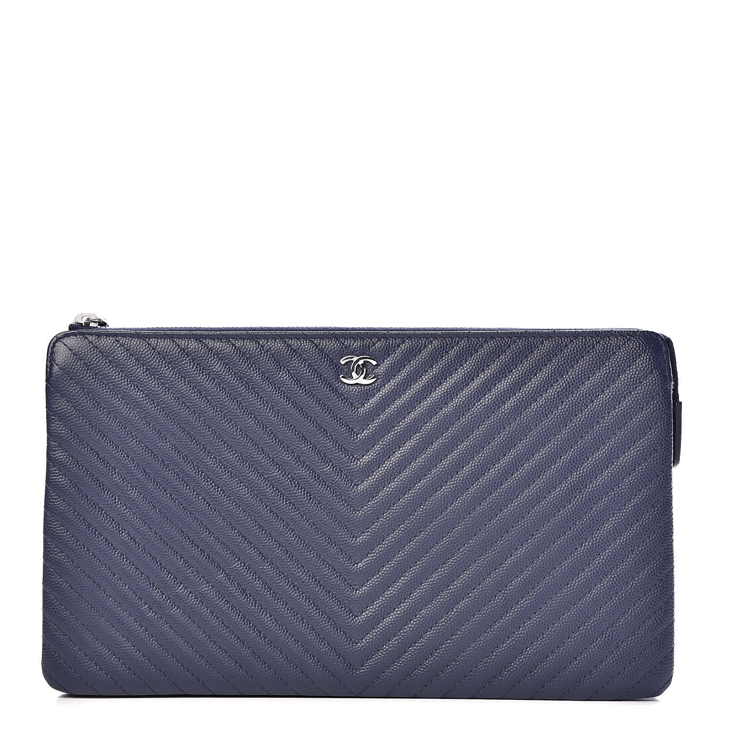 Chanel Caviar Chevron Quilted Large Zipped Clutch Navy 1 of 9