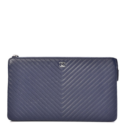 Chanel Caviar Chevron Quilted Large Zipped Clutch Navy 1 of 9