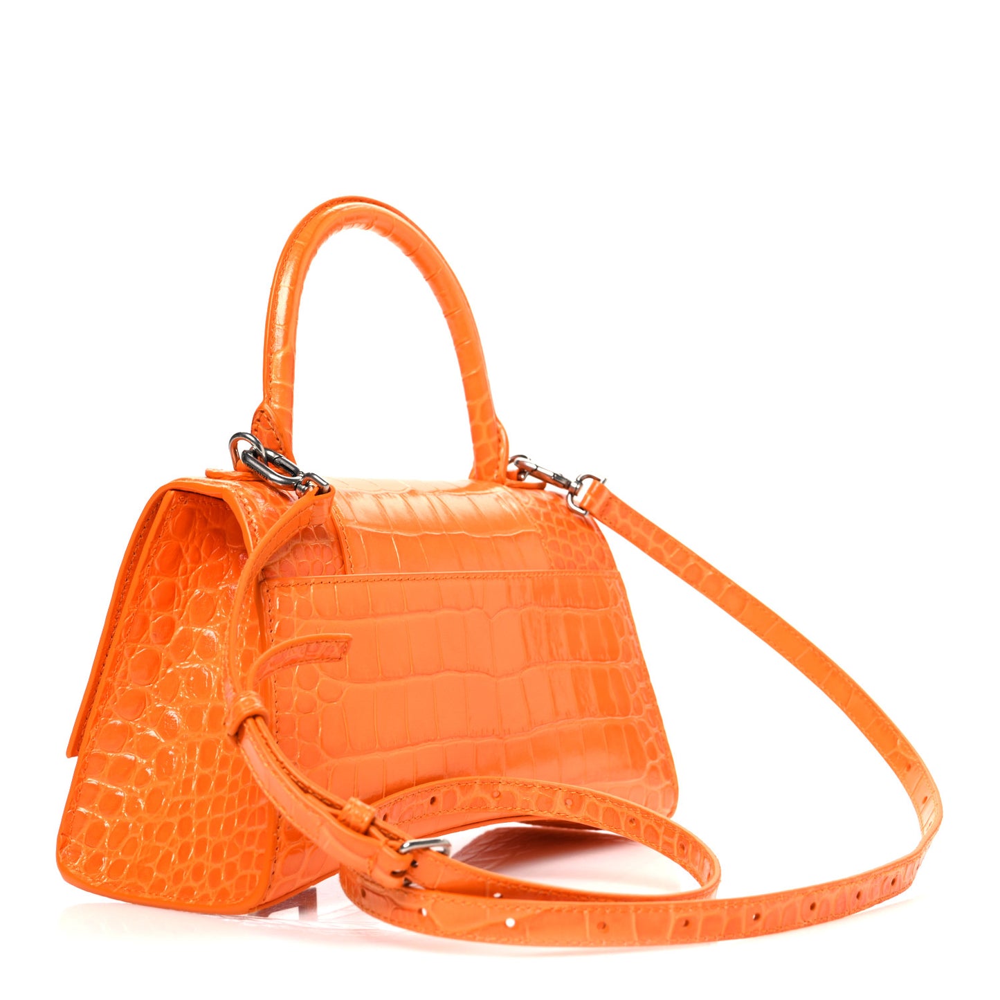 Shiny Calfskin Crocodile Embossed Small Hourglass Top Handle Bag Pop Orange