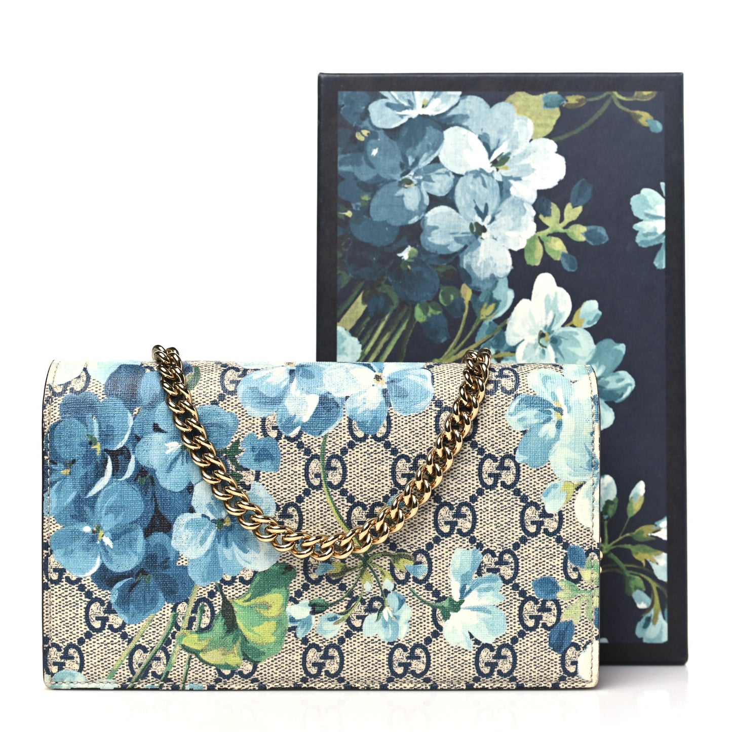 GG Supreme Monogram Blooms Chain Wallet Blue