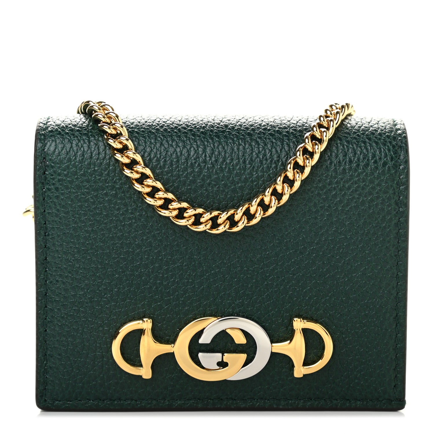 Gucci Grainy Calfskin Zumi Chain Card Case Wallet Vintage Green 1 of 8