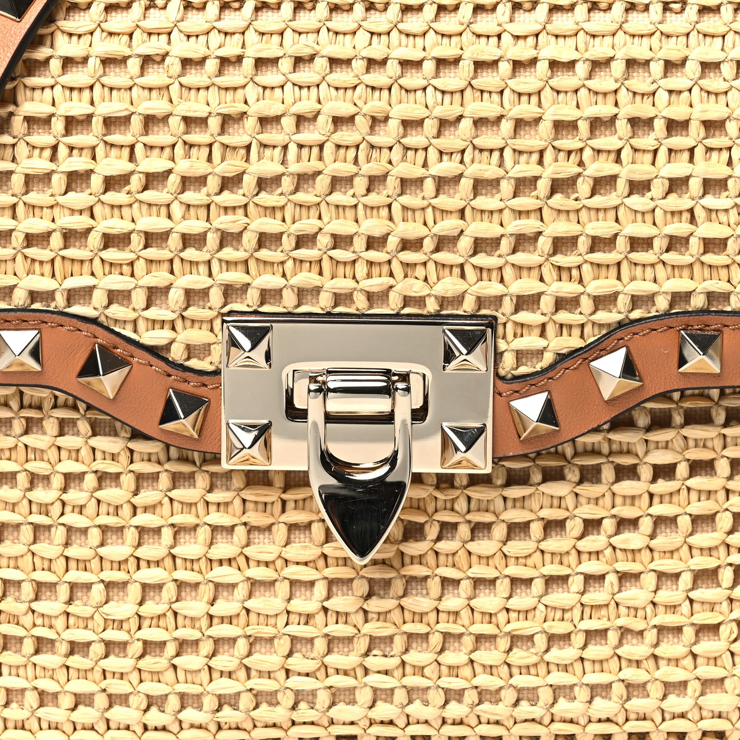 Raffia Calfskin Small Rockstud Flip Lock Crossbody Bag Natural Saddle Brown