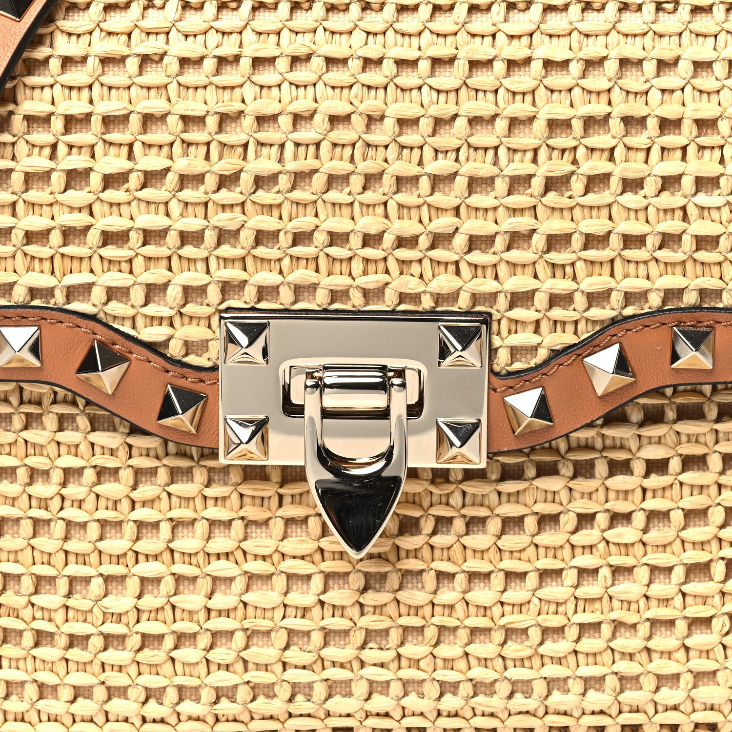 Valentino Garavani Raffia Calfskin Small Rockstud Flip Lock Crossbody Bag Natural Saddle Brown 7 of 9