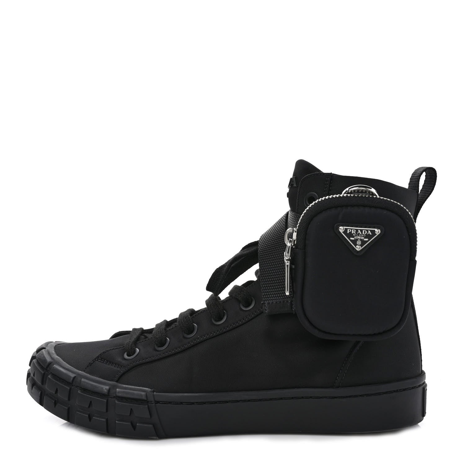 Prada Re-Nylon Gabardine Metal Triangle Logo Mens Wheel Pouch Pocket High Top Sneakers 7.5 Black 1 of 9