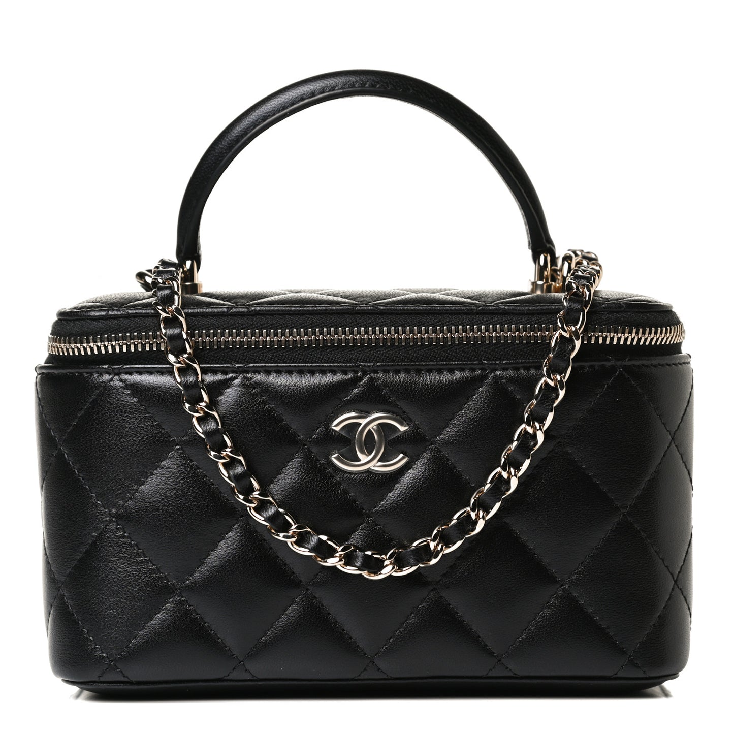 Lambskin Quilted Small Top Handle Vanity Case With Chain Black