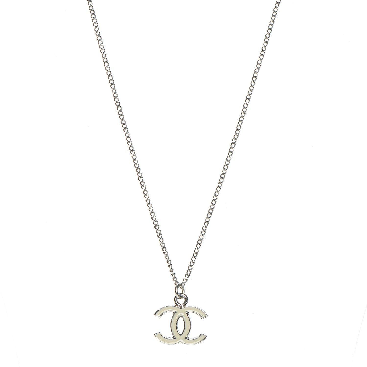 Chanel Enamel CC Necklace Silver White 1 of 6