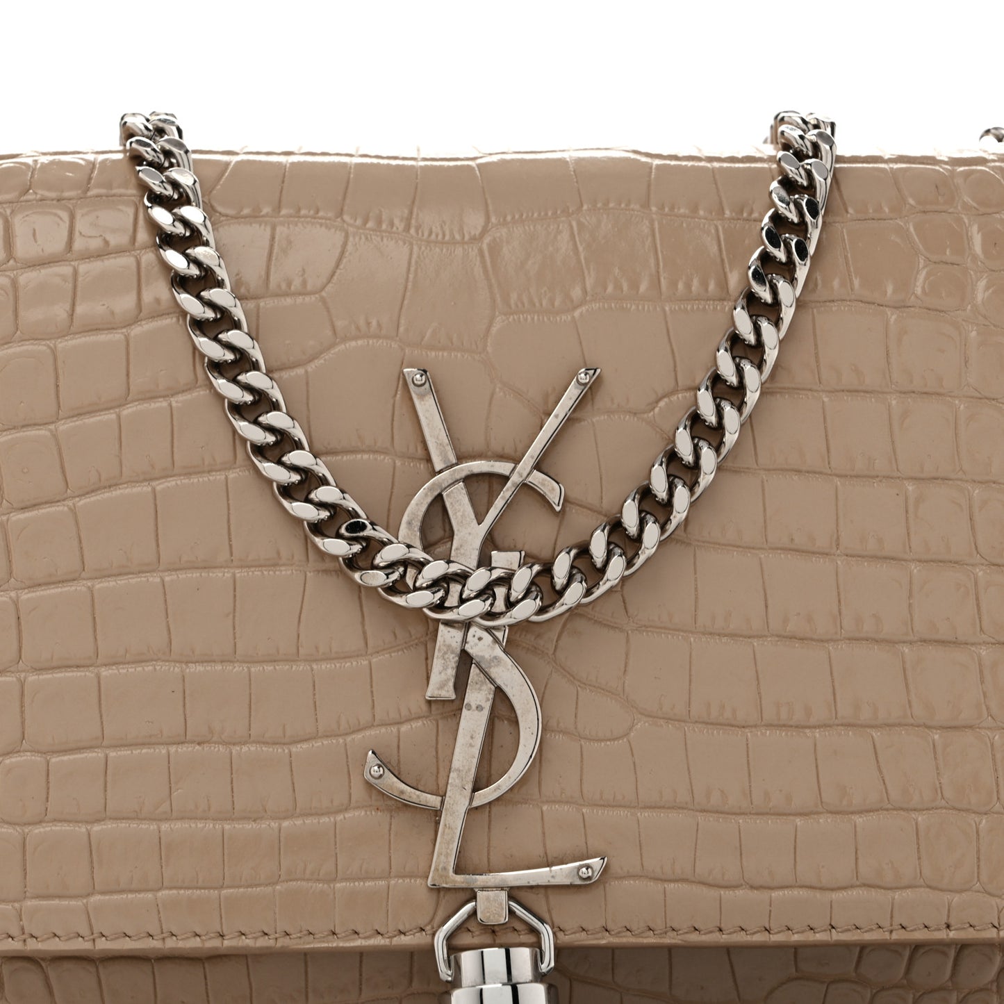 Calfskin Crocodile Embossed Small Classic Monogram Kate Tassel Satchel Beige