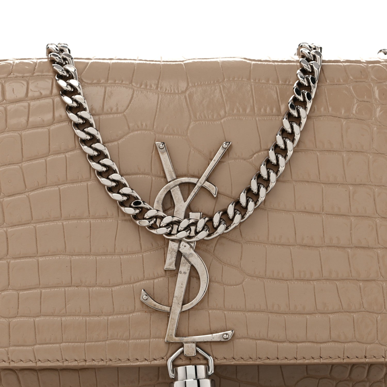 Saint Laurent Calfskin Crocodile Embossed Small Classic Monogram Kate Tassel Satchel Beige 7 of 11