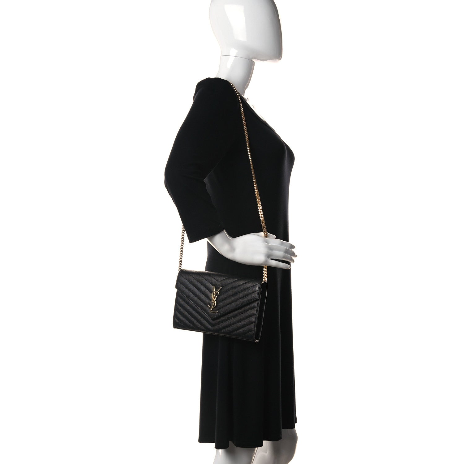 Saint Laurent Grain De Poudre Matelasse Chevron Monogram Chain Wallet Black 2 of 7