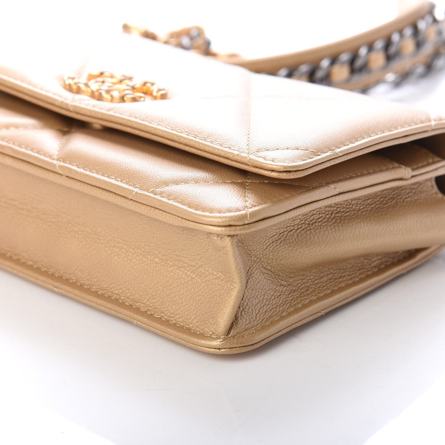 Metallic Goatskin Quilted Chanel 19 Wallet On Chain WOC Gold