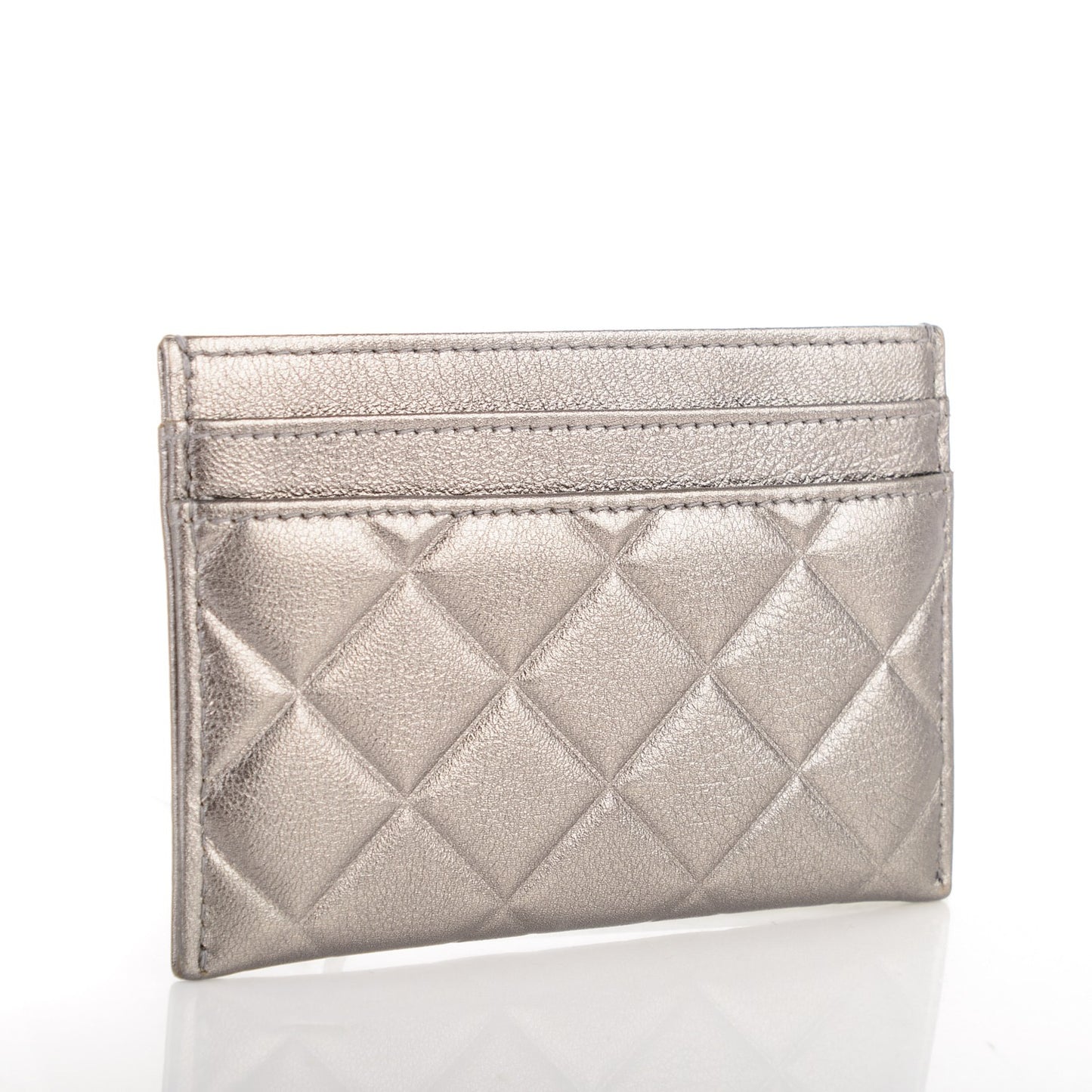 Metallic Calfskin Quilted Diamond CC Card Holder Pewter