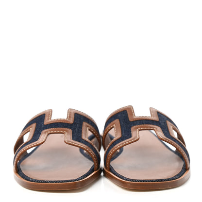 Hermes Calfskin Denim Oran Sandals 37.5 Bleu Brut Gold 2 of 8