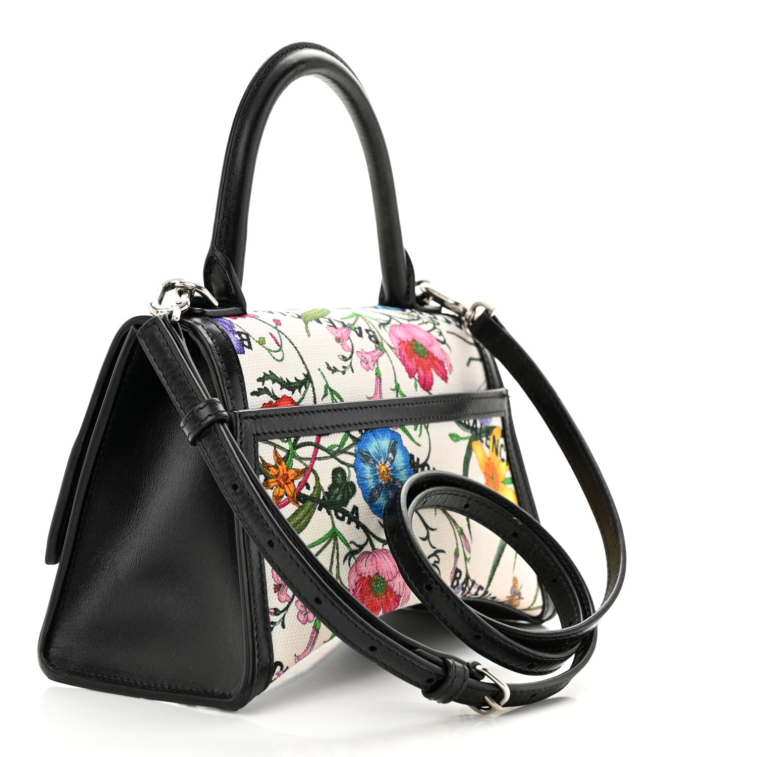 Balenciaga X GUCCI Canvas Boarded Plutone Calfskin Flora Logo Print Small Hourglass Top Handle Bag White Multicolor Black 2 of 14