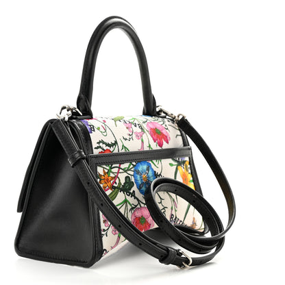 Balenciaga X GUCCI Canvas Boarded Plutone Calfskin Flora Logo Print Small Hourglass Top Handle Bag White Multicolor Black 2 of 14