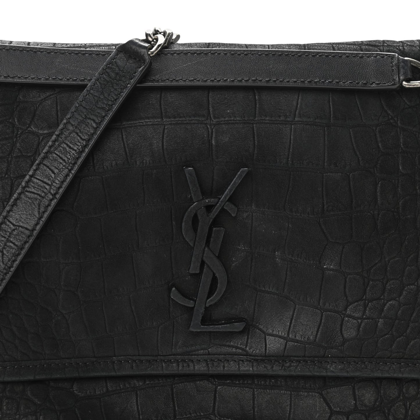 Nubuck Crocodile Embossed Monogram Medium Niki Chain Satchel Black