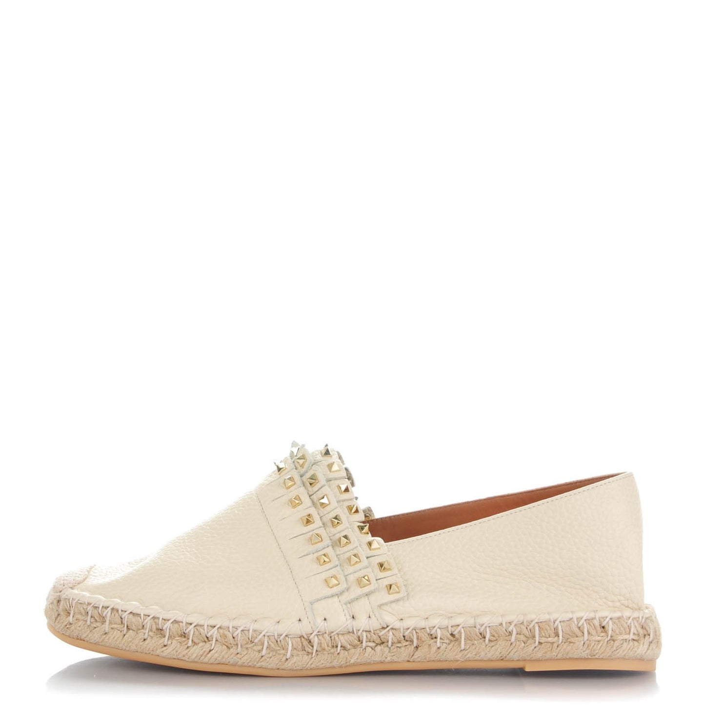 Pebbled Calfskin Rockstud Fringed Espadrilles 41 Ivory
