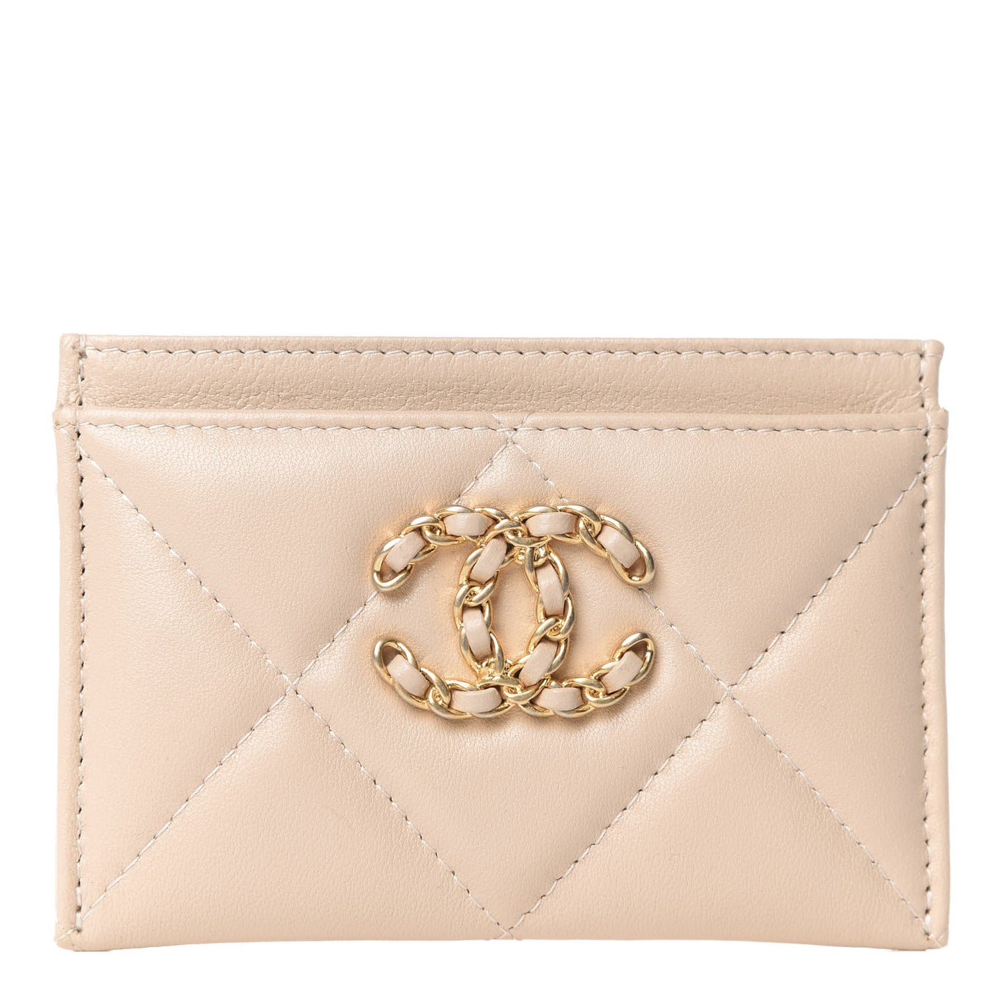 Shiny Goatskin Quilted Chanel 19 Card Holder Beige