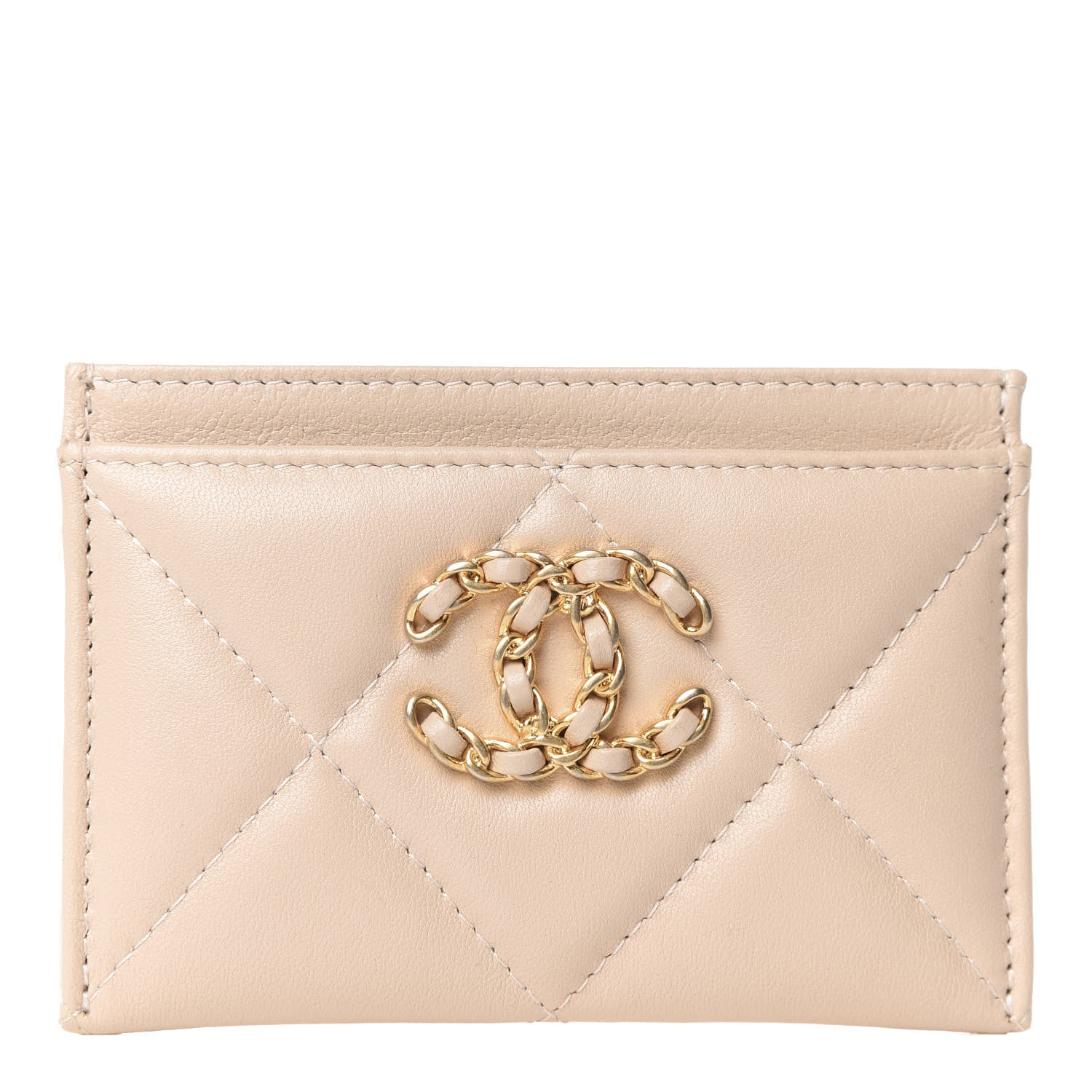 Chanel Shiny Goatskin Quilted Chanel 19 Card Holder Beige 1 of 9
