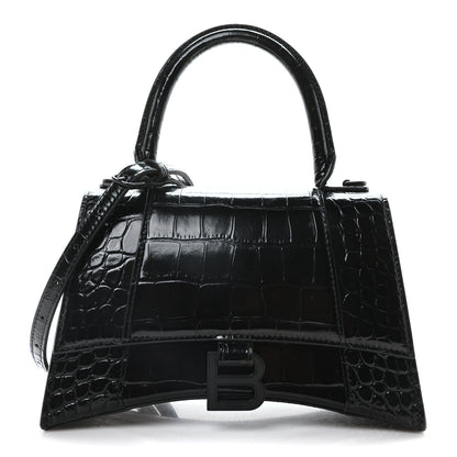 Balenciaga Shiny Calfskin Monochrome Crocodile Embossed Small Hourglass Top Handle Bag Black 1 of 9