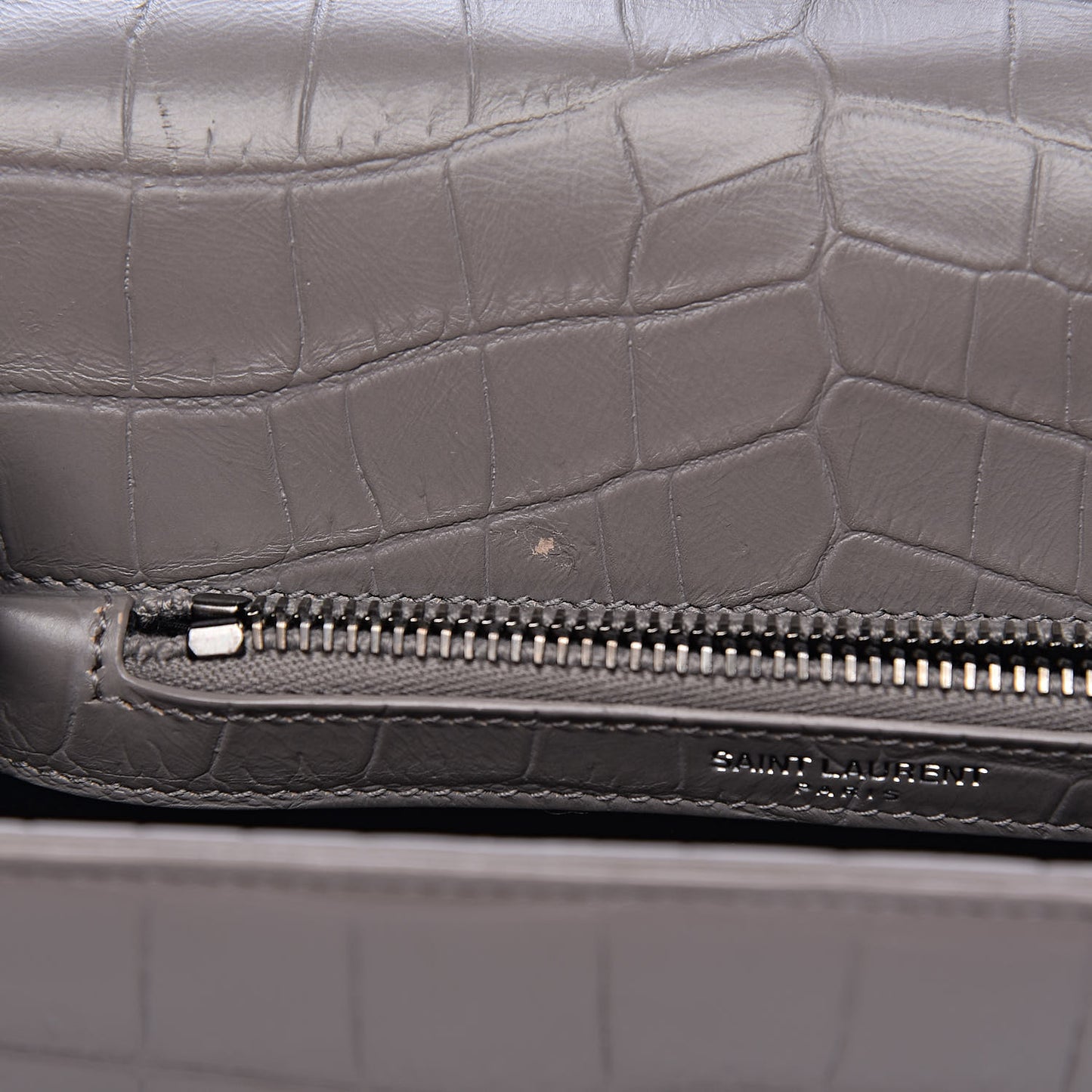Calfskin Crocodile Embossed Medium College Monogram Satchel Gray