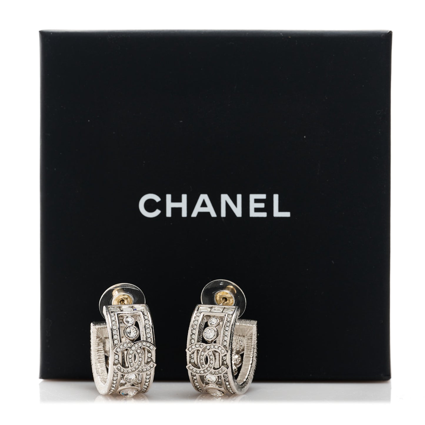 Metal Crystal CC Hoop Earrings Silver