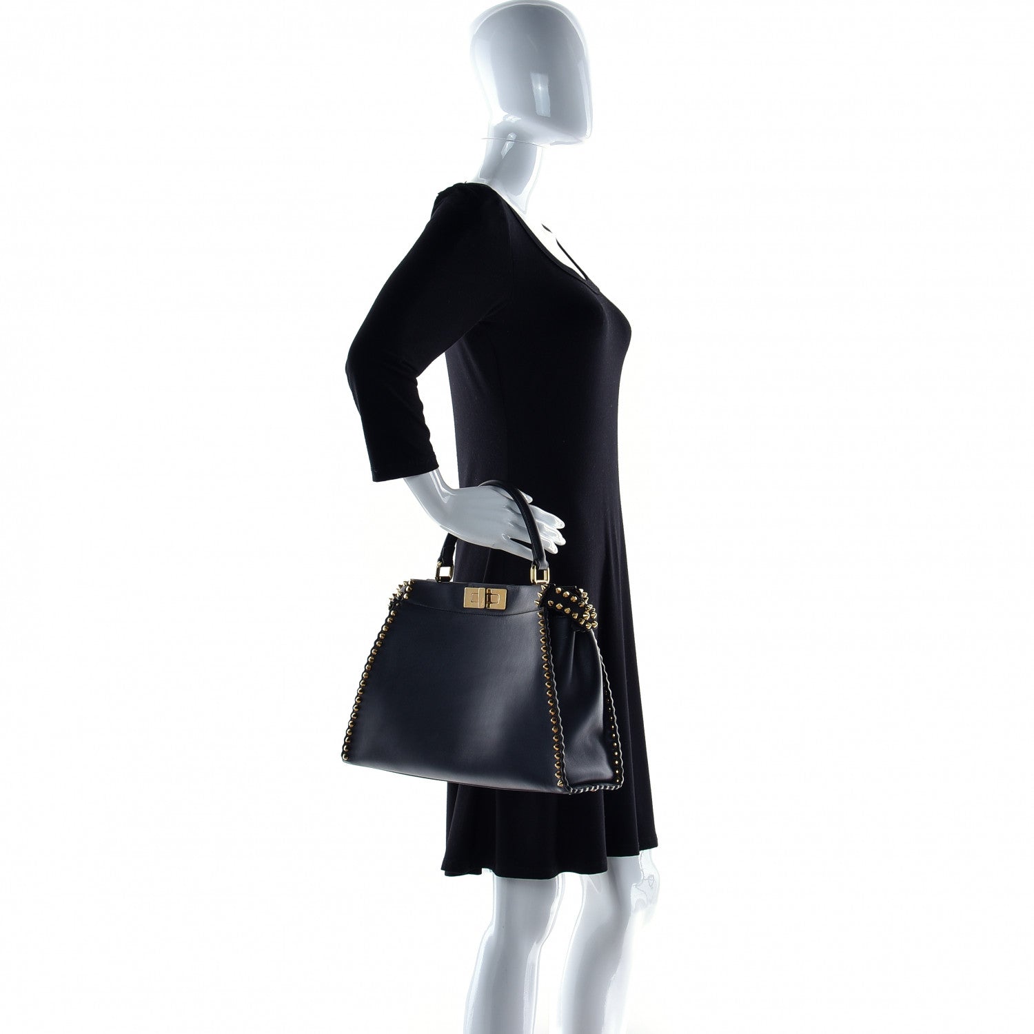 Fendi Vitello Seta Shiny Nappa Scalloped Studded Medium Peekaboo Iconic Satchel Black 2 of 17