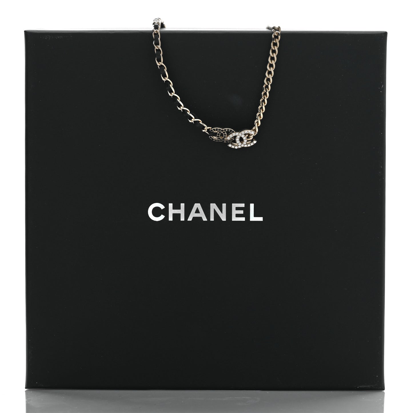 Metal Calfskin Crystal Double CC Short Necklace Black Gold