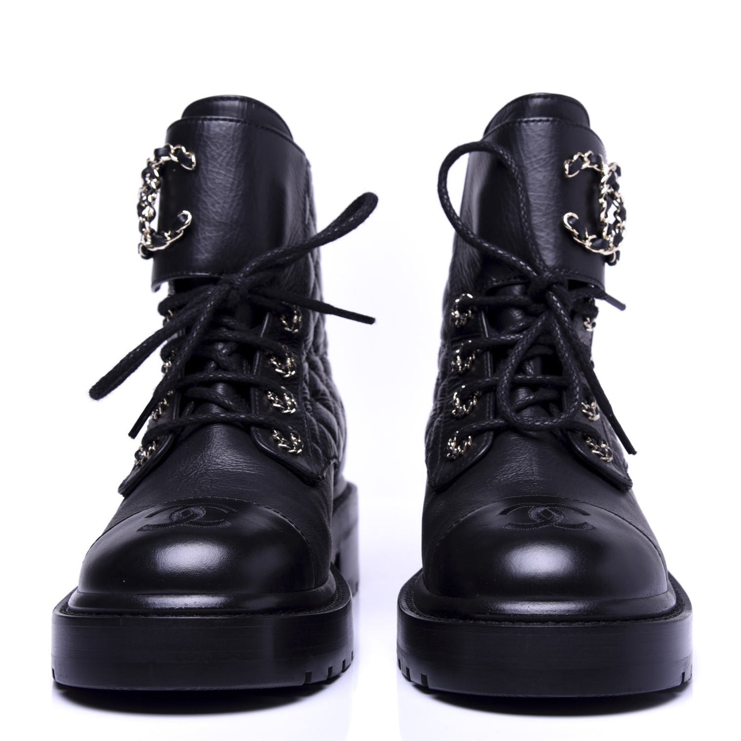 Shiny Goatskin Calfskin Quilted Lace Up Combat Boots 35.5 Black
