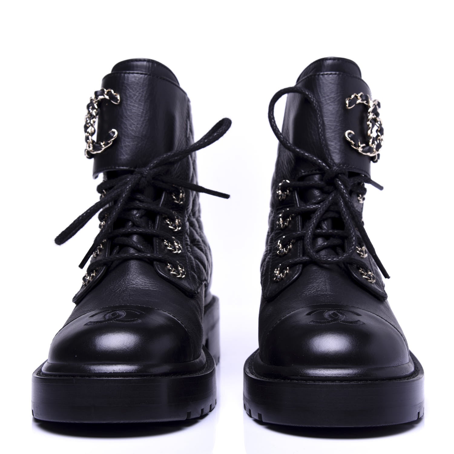 Chanel Shiny Goatskin Calfskin Quilted Lace Up Combat Boots 35.5 Black 2 of 10
