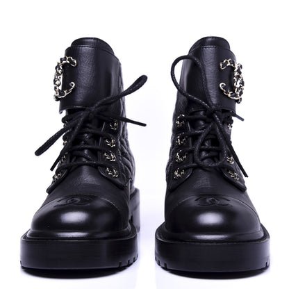 Chanel Shiny Goatskin Calfskin Quilted Lace Up Combat Boots 35.5 Black 2 of 10