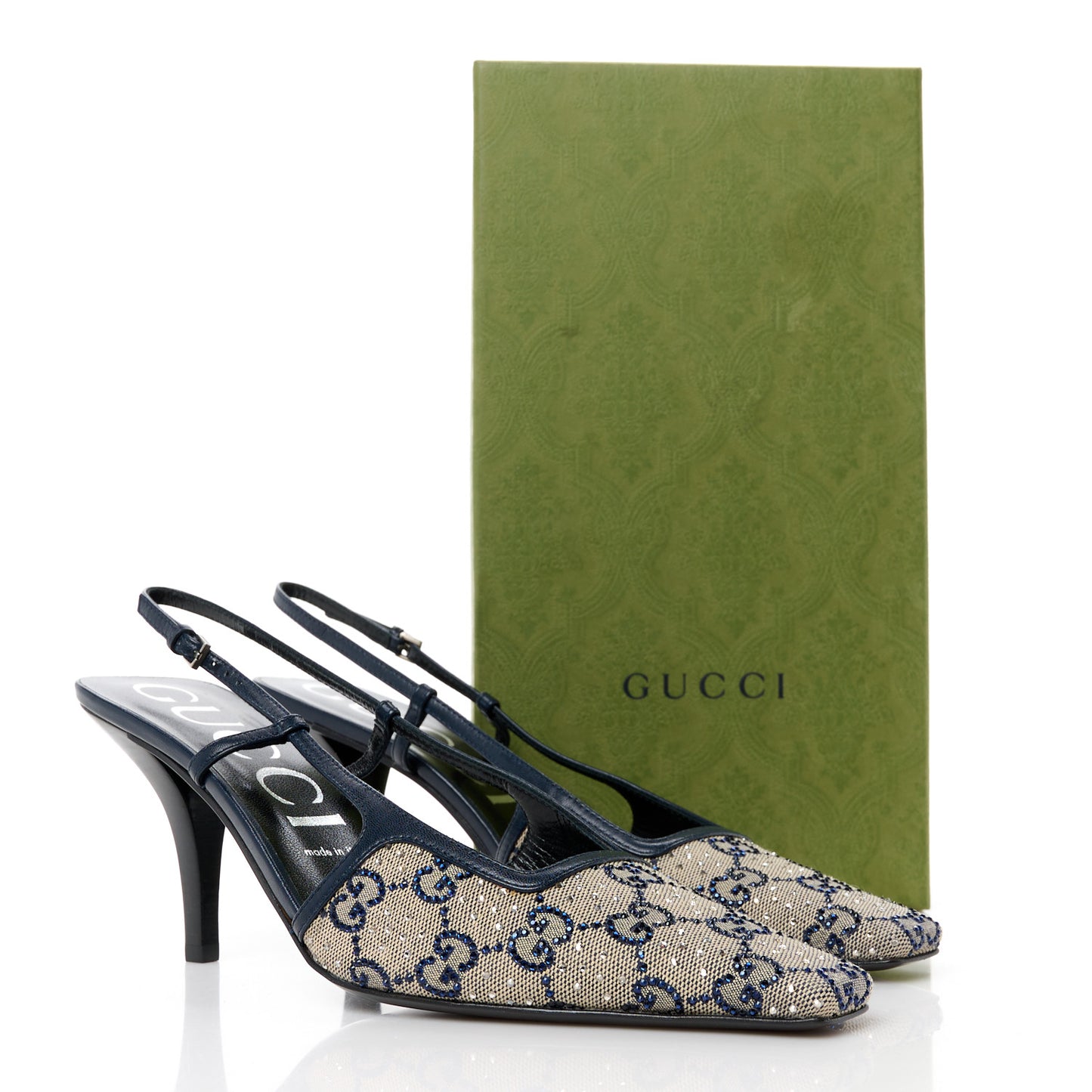 GG Monogram Malaga Kid Crystal Square G 75mm Slingback Pumps 40 Beige Blue