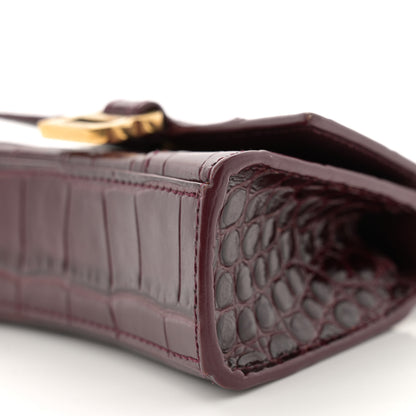 Balenciaga Shiny Calfskin Crocodile Embossed Hourglass Top Handle Bag Mini with Chain Dark Red 10 of 12