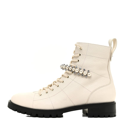 Jimmy Choo Goatskin Pearl Embellished Cruz Combat Boots 39.5 White 1 of 12