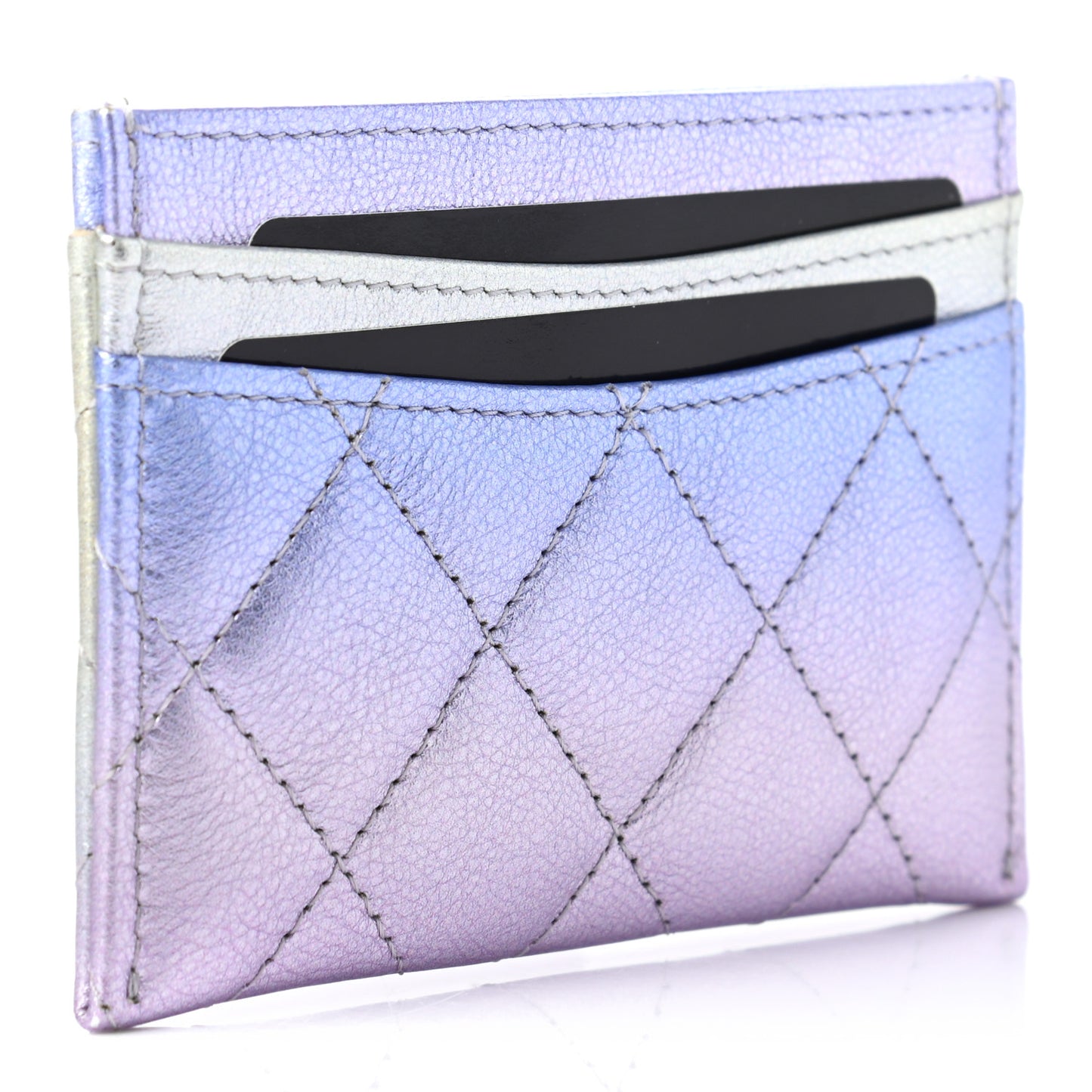 Gradient Metallic Calfskin Quilted Card Holder Silver Blue Yellow Purple