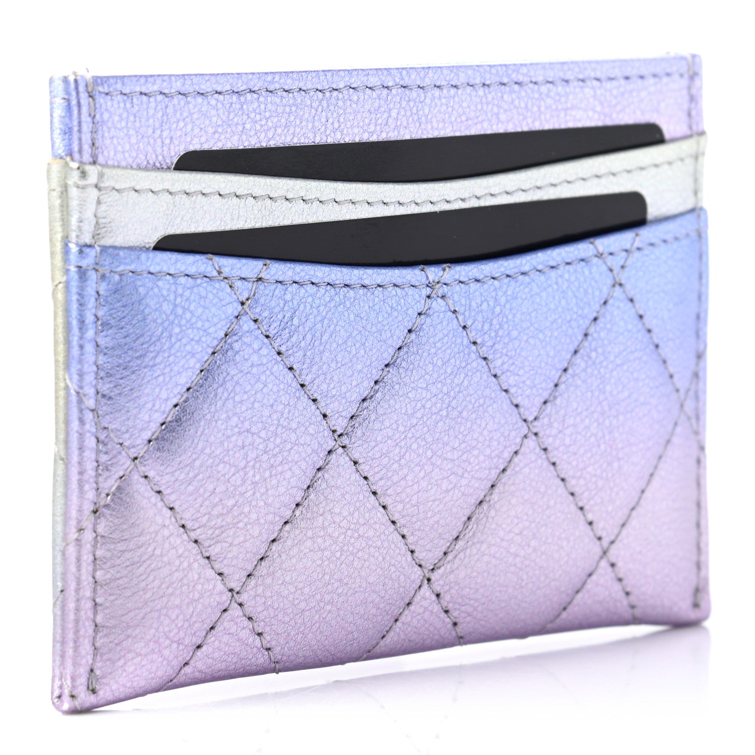 Chanel Gradient Metallic Calfskin Quilted Card Holder Silver Blue Yellow Purple 3 of 8