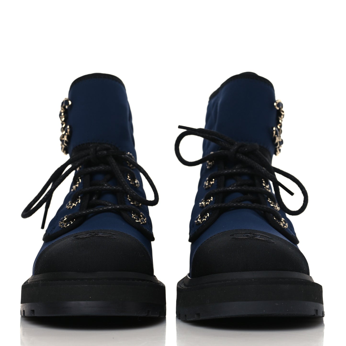 Fabric Grosgrain Quilted Cap Toe Lace Up Combat Boots 37.5 Navy Black
